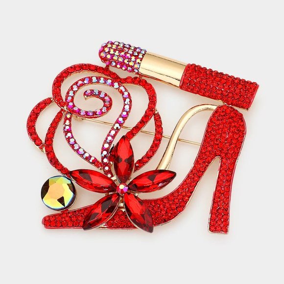 Crystal Shoe and Lipstick Brooch, Rhinestone Clothing Pin - Picture 1 of 2